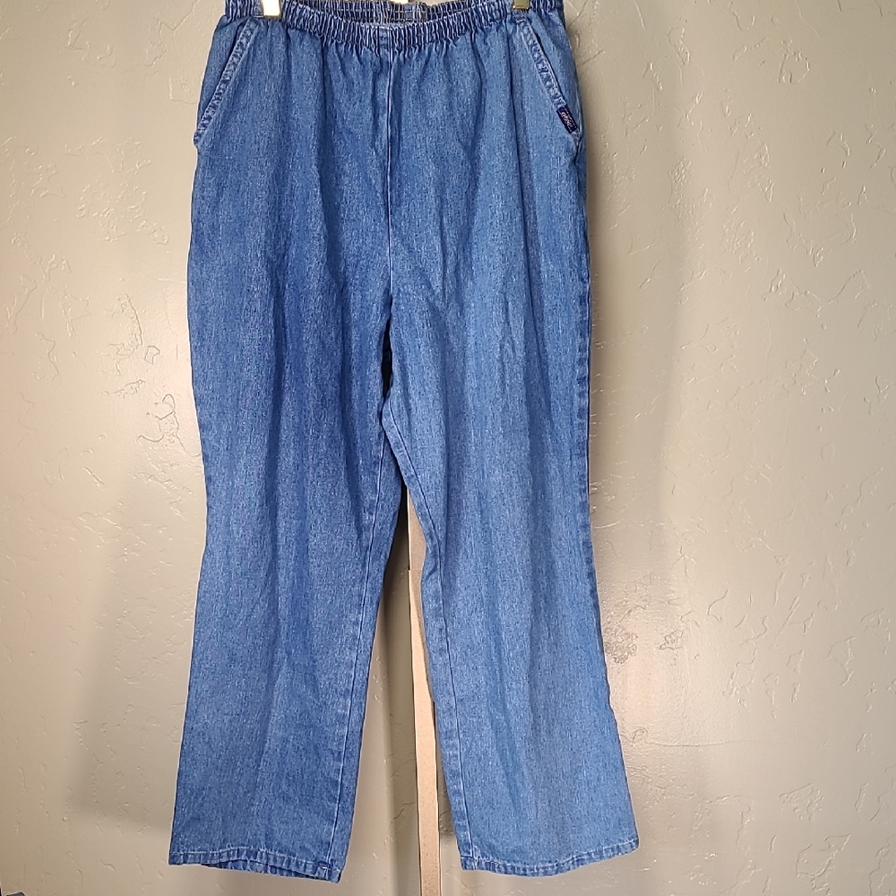 Chic Denim Blue Wide Leg Women's Jeans Elastic Waist 14 Petite 100% Cotton